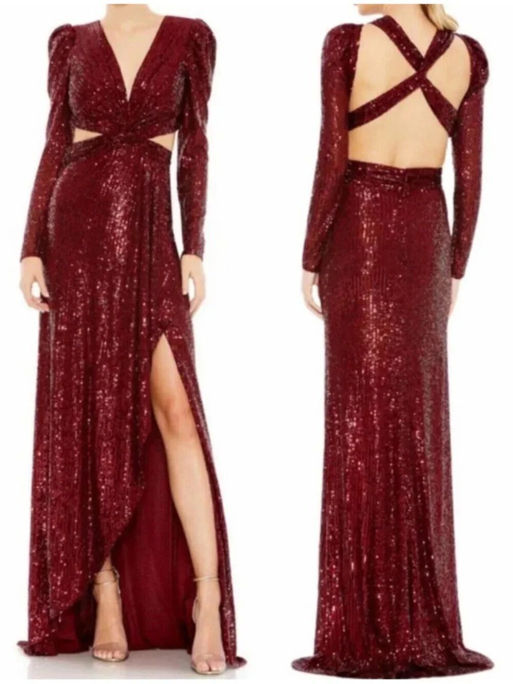 Mac Duggal 26739 Wine Sequined Criss Cross Long Sleeve Dress Size 2
